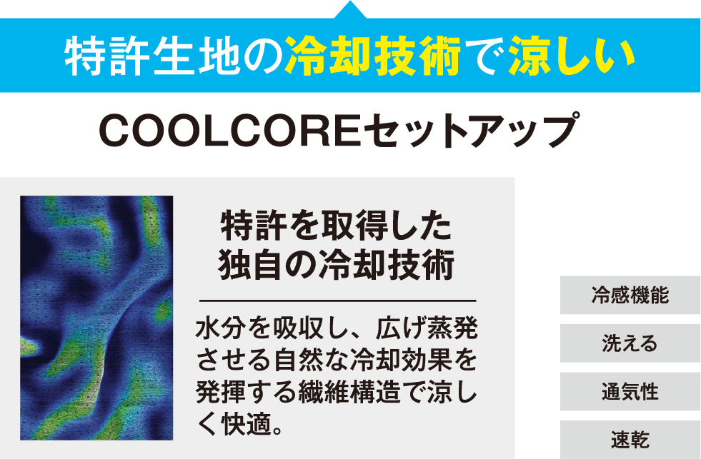 特許生地の冷却技術で涼しい　COOLCOREセットアップ