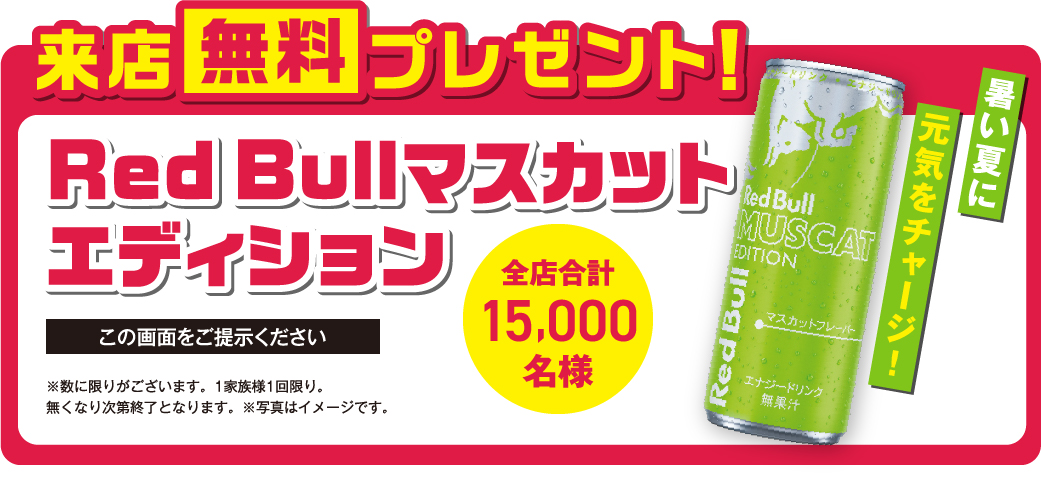 来店無料プレゼント　RedBullマスカットエディション　全店合計15,000名様　この画面をご提示ください　※数に限りがございます。1家族様1回限り。無くなり次第終了となります。