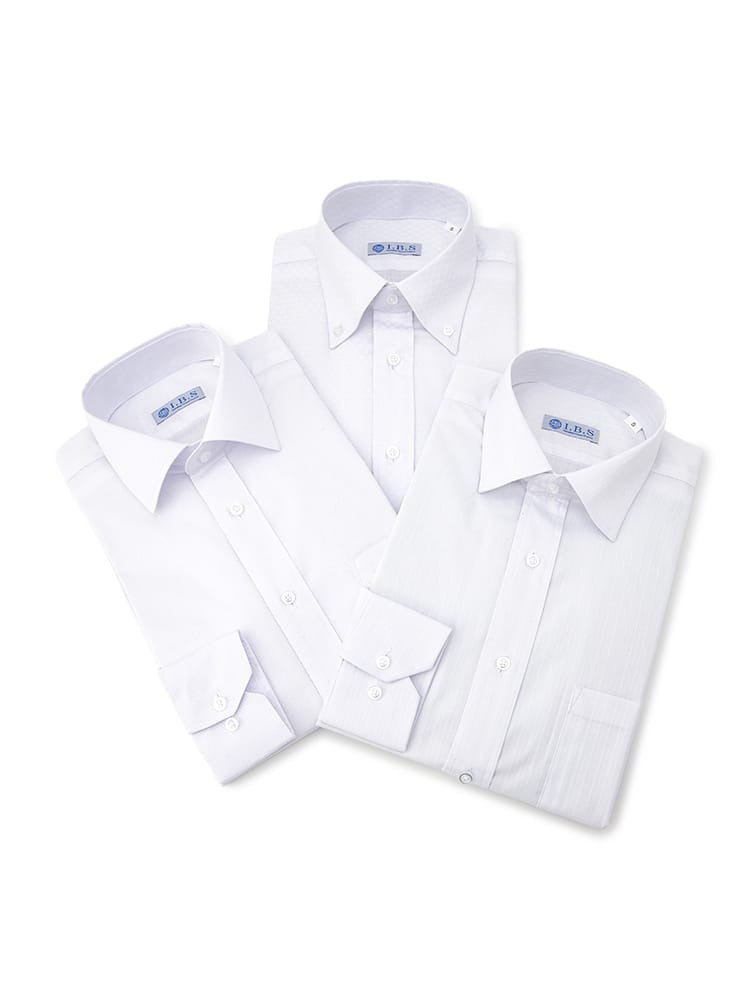【3点/SmartPick！】長袖ワイシャツホワイトベーシックデザインBセット（セミワイド2枚ボタンダウン1枚）
