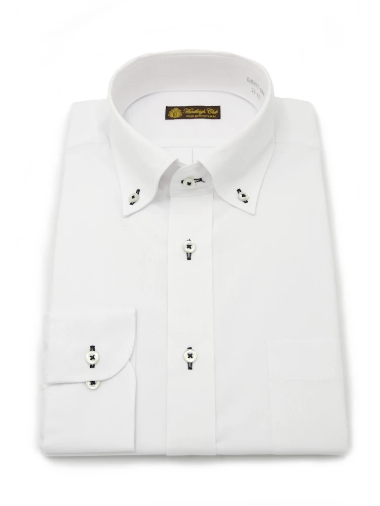 【形態安定】長袖ワイシャツボタンダウン白ドビー織柄無地ハントレークラブ通年