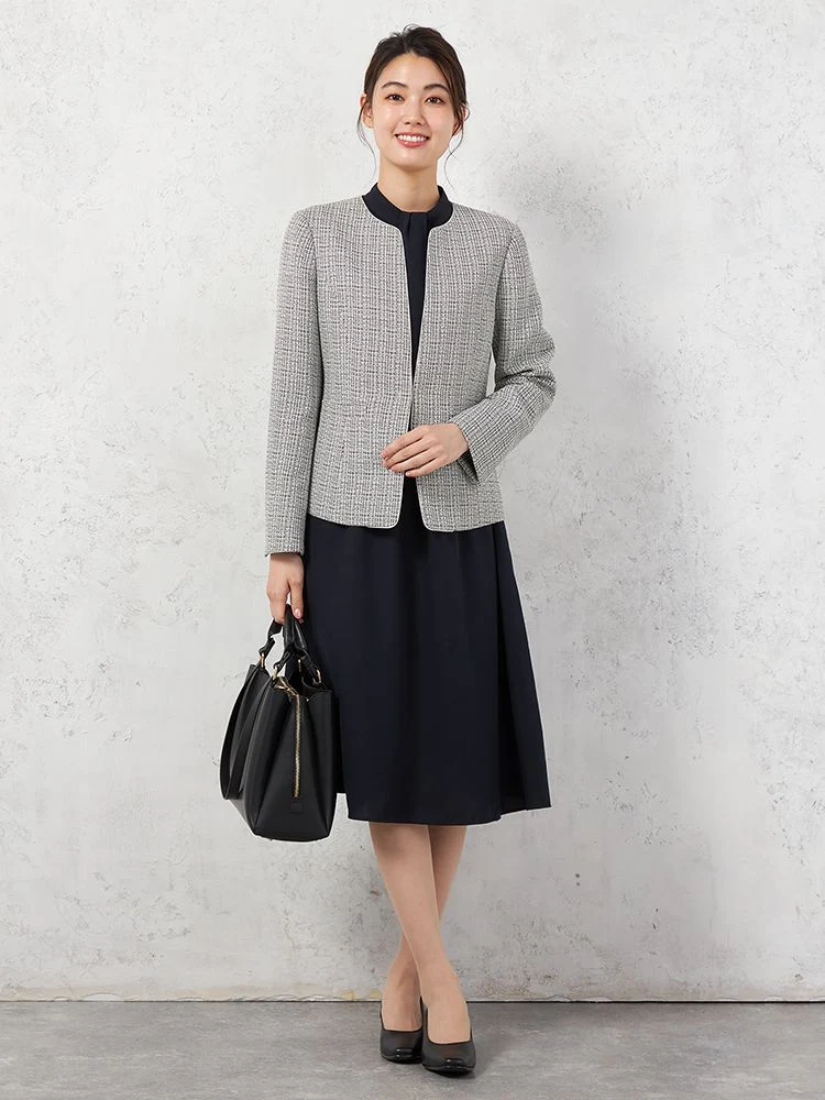 【セレモニーワンピ3点セット】ボウタイ取り外し2WAYワンピース／ツイード調ジャケット／V開きジャケットSOFFICE通年【レディース】