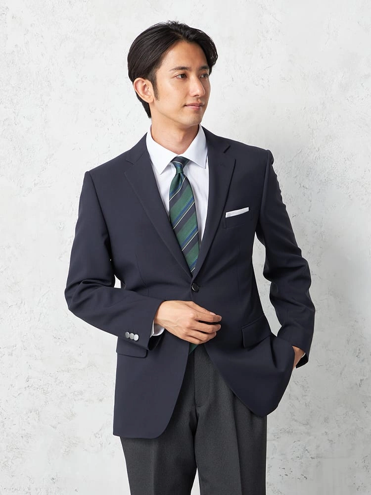 【即納】【WEB限定】ジャケット2つボタンネイビー無地ストレッチメタルボタン通年