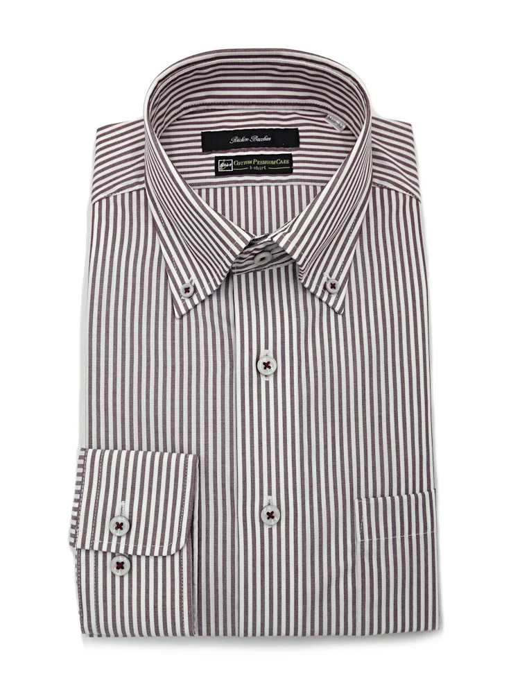 【形態安定】長袖ワイシャツボタンダウン【コットンプレミアムケア】ストライプリッケンバッカー通年