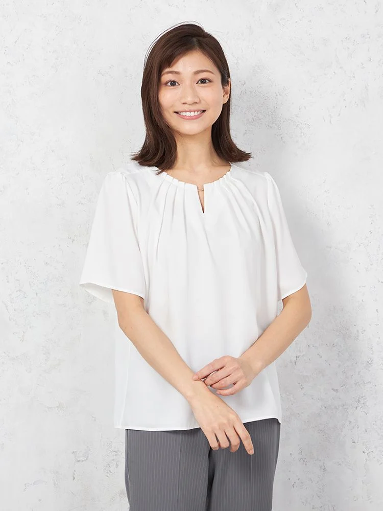 【透けにくい】ブラウス5分袖タックデザイン取り外しパーツ付き無地SOFFICE春夏【レディース】