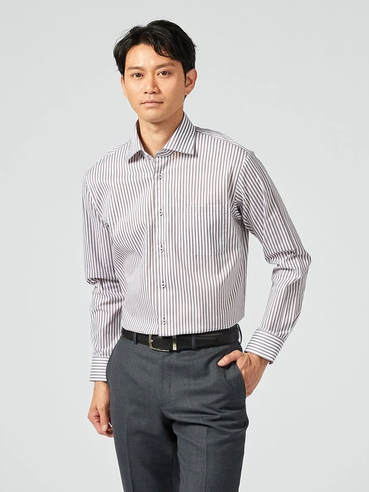 【動きやすい】スプリットラグランシャツ【形態安定】長袖ワイシャツワイドカラーSOLOTEXストライプnero通年