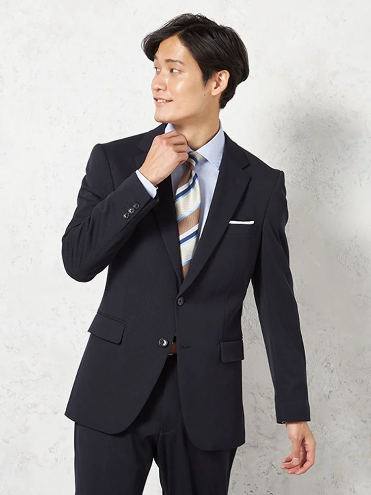 【上下ウォッシャブル】スーツ2つボタンニットストレッチ定番ネイビーシャドウストライプリッケンバッカー【i-Suit-アイスーツ-】通年