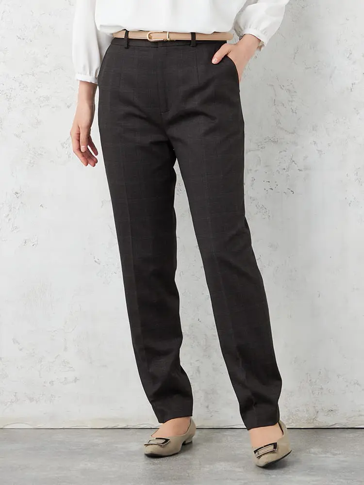 【i-suit】プリントニットテーパードパンツチェック上下ウォッシャブルストレッチ秋冬