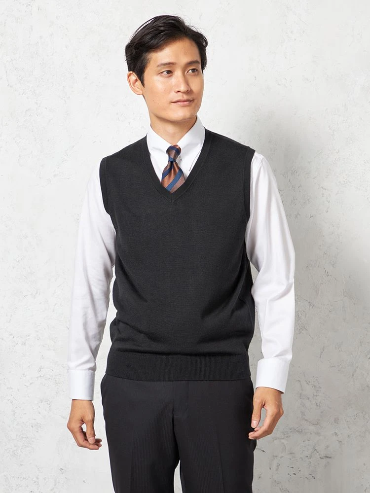 【ウォッシャブル】ニットＶネックベスト放電抗ピリング無地天竺ベストリッケンバッカー秋冬