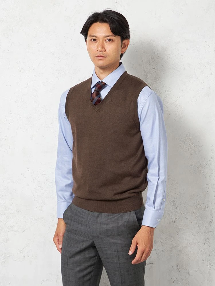 【ウォッシャブル】ニットＶネックベスト放電抗ピリング無地天竺ベストリッケンバッカー秋冬