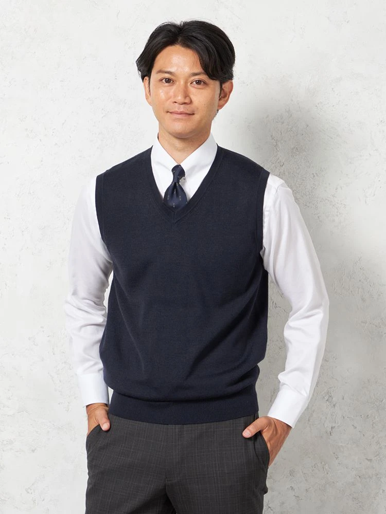 【ウォッシャブル】ニットＶネックベスト放電抗ピリング無地天竺ベストリッケンバッカー秋冬