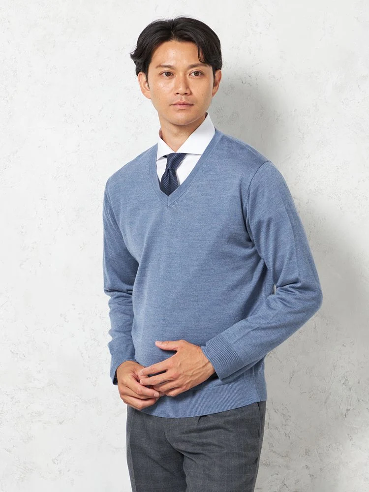 【ウォッシャブル】ニットＶネックセーター放電抗ピリング無地天竺長袖リッケンバッカー秋冬