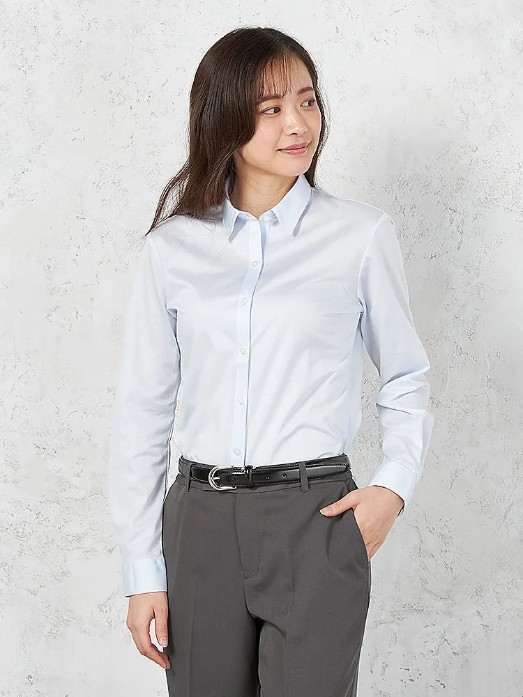 【ハイブリッドアイシャツ】長袖ブラウスレギュラー無地綿混素材形態安定通年【レディース】