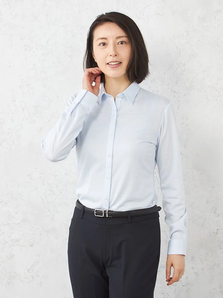 【完全ノーアイロン】アイシャツ長袖ブラウスレギュラーカラーグレンチェックi-shirt通年【レディース】