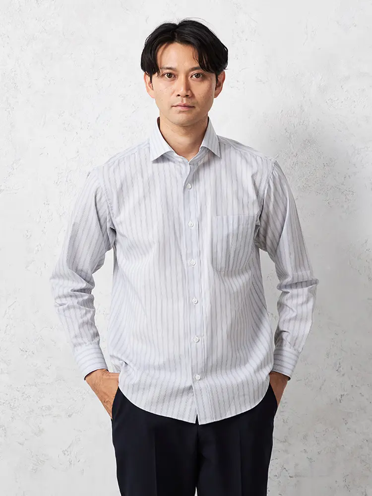 【TOKYORUN】スマカジ３６５シャツＹシャツ長袖ワイドストライプ通年