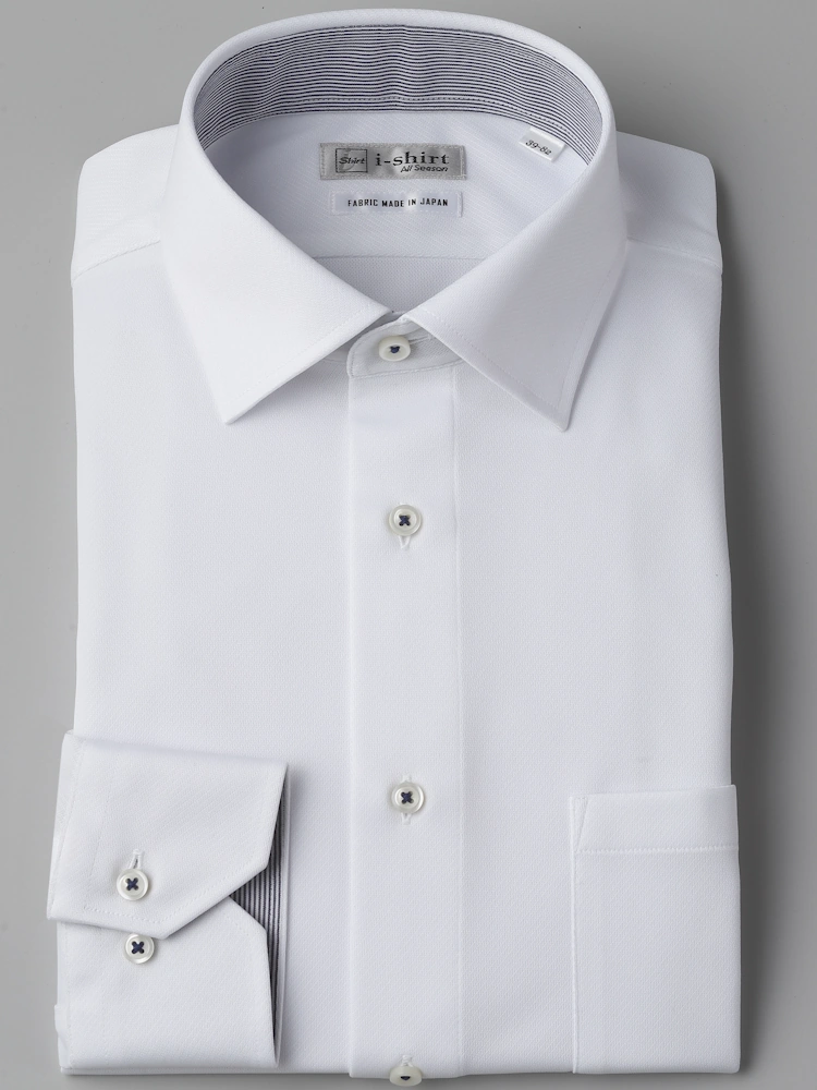 【完全ノーアイロン】長袖アイシャツホワイトカルゼセミワイドストレッチi-shirt通年
