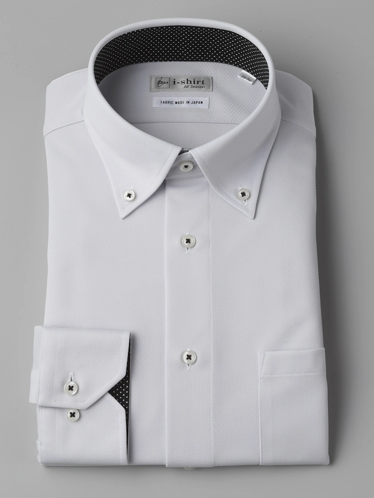 【完全ノーアイロン】長袖アイシャツグレーロンビックボタンダウンストレッチi-shirtワイシャツ通年