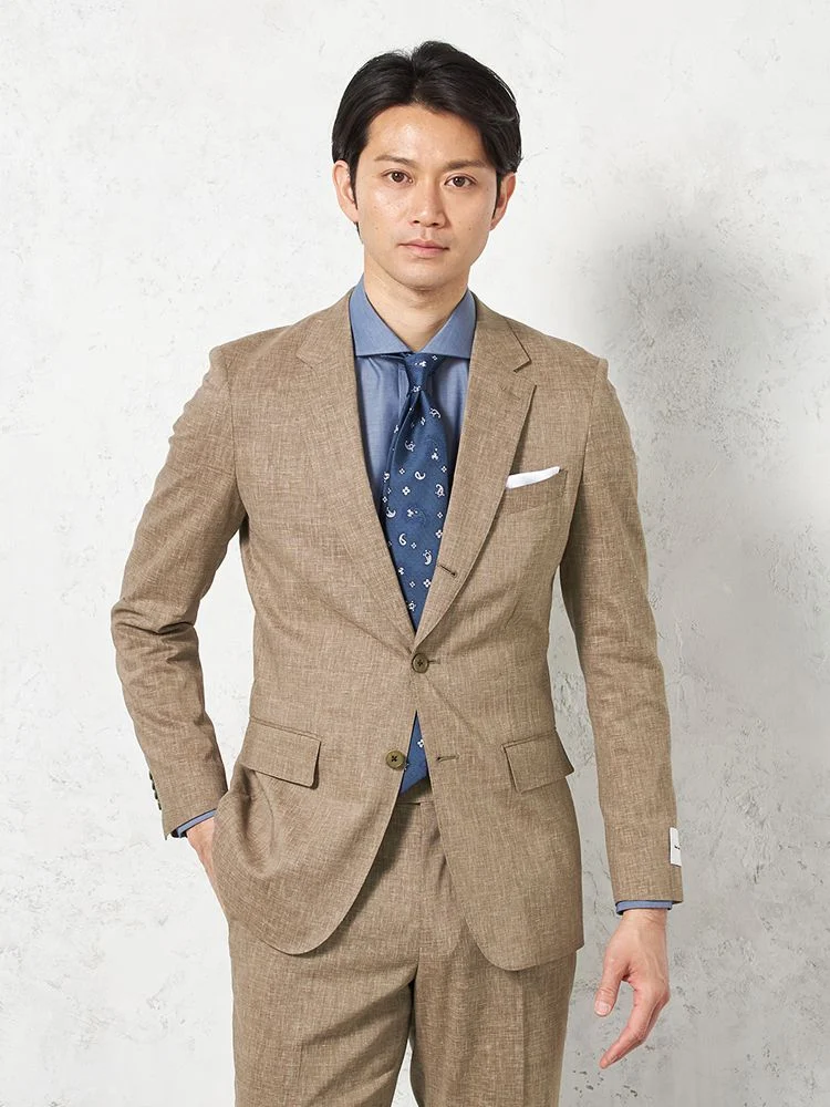 【尾州素材/パンツウォッシャブル】スーツ段返り3つボタン麻混ライトフィールストレッチ織柄無地リッケンバッカー春夏