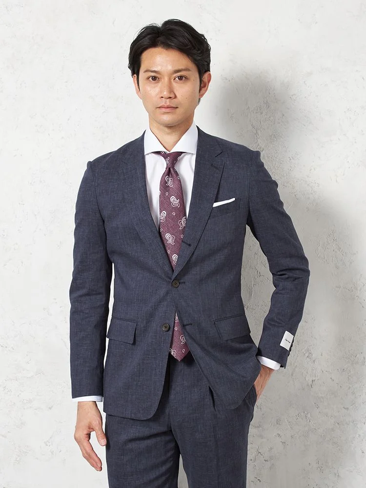 【尾州素材/パンツウォッシャブル】スーツ段返り3つボタン麻混ライトフィールストレッチ織柄無地リッケンバッカー春夏