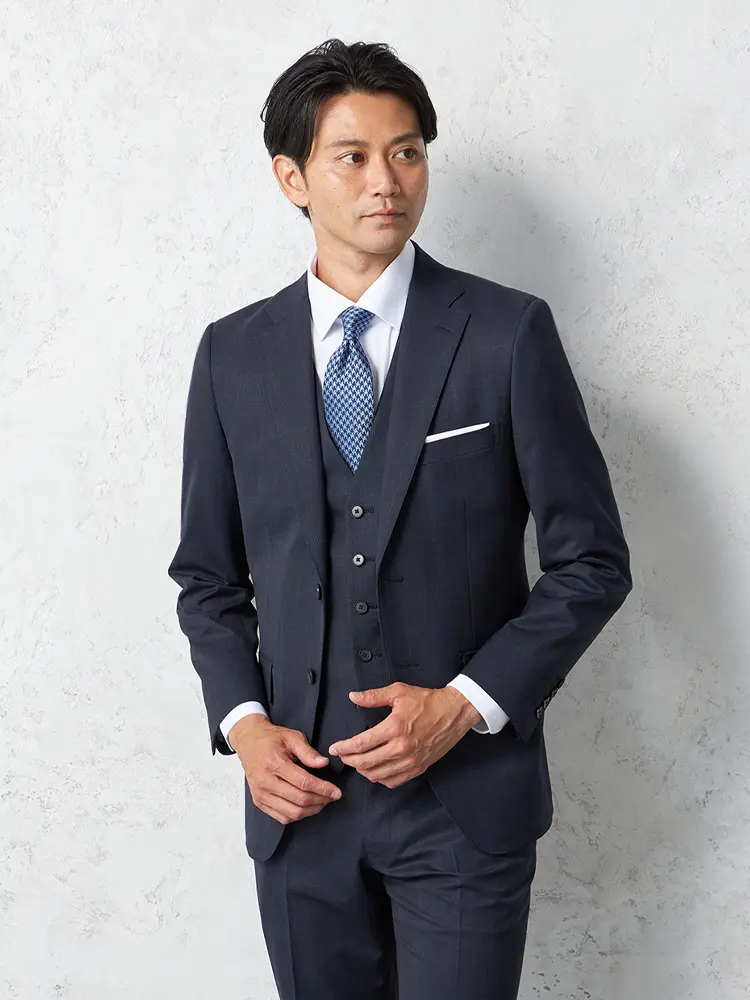 【Ｓ＆ＭＢＬＵＥＬＡＢＥＬ】３ピーススーツ２つボタングレンチェックパンツウォッシャブルノータック秋冬