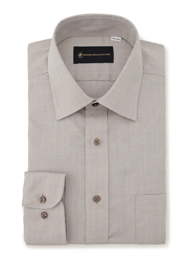 【ビバリーヒルズポロクラブ】ブラウンへリンボン長袖Ｙシャツワイドヘリンボン形態安定通年