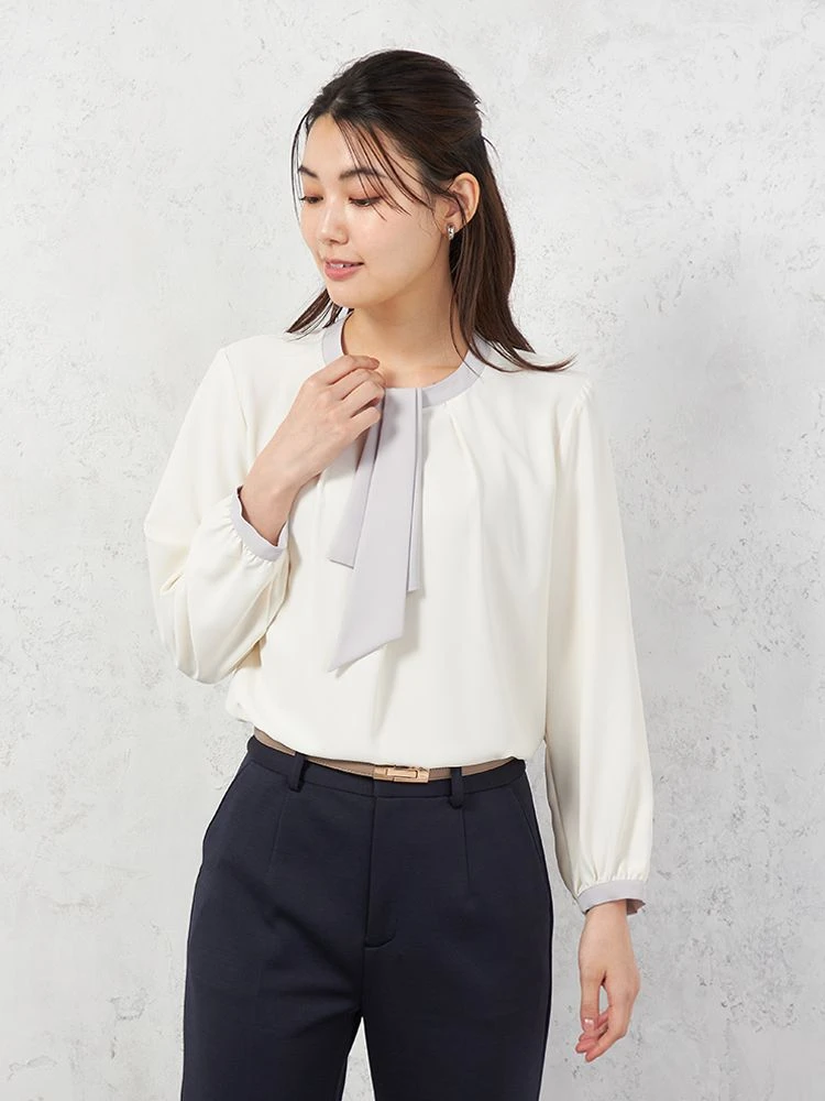 【ストレッチ】ラチネ織配色ボウタイ2WAYブラウス9分袖ウォッシャブルSOFFICE通年【レディース】