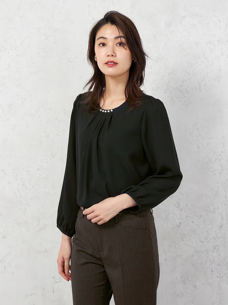 【イージーケア】ジョーゼット2枚重ねパールディティールブラウス9分袖透け軽減ウォッシャブルSOFFICE通年【レディース】